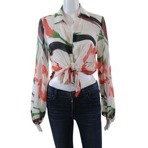 Sinesia Karol Womens Long Sleeve Collared Floral Silk Top White Multi Size XS